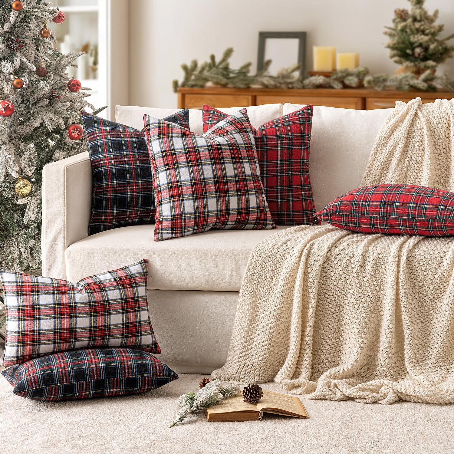 MIULEE Christmas Set of 2 Scottish Tartan Plaid Throw Pillow Covers Farmhouse Classic Decorative Outdoor Square Cushion Cases for Home Decor Sofa Couch 16x16 Inch, Red